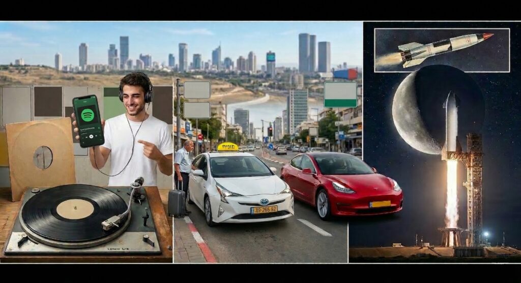 קולאז' דיסרפשן: תקליט ויניל מול ספוטיפיי, טיל וינטג' מול הסטארשיפ של SpaceX, ומונית קלאסית מול טסלה/אובר .